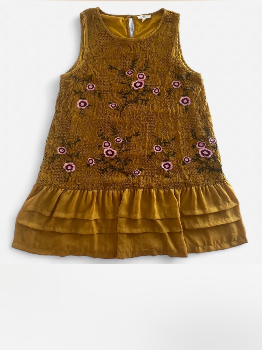 entro Anthropologie Mustard Lace Tunic with Pink Floral Embroidery